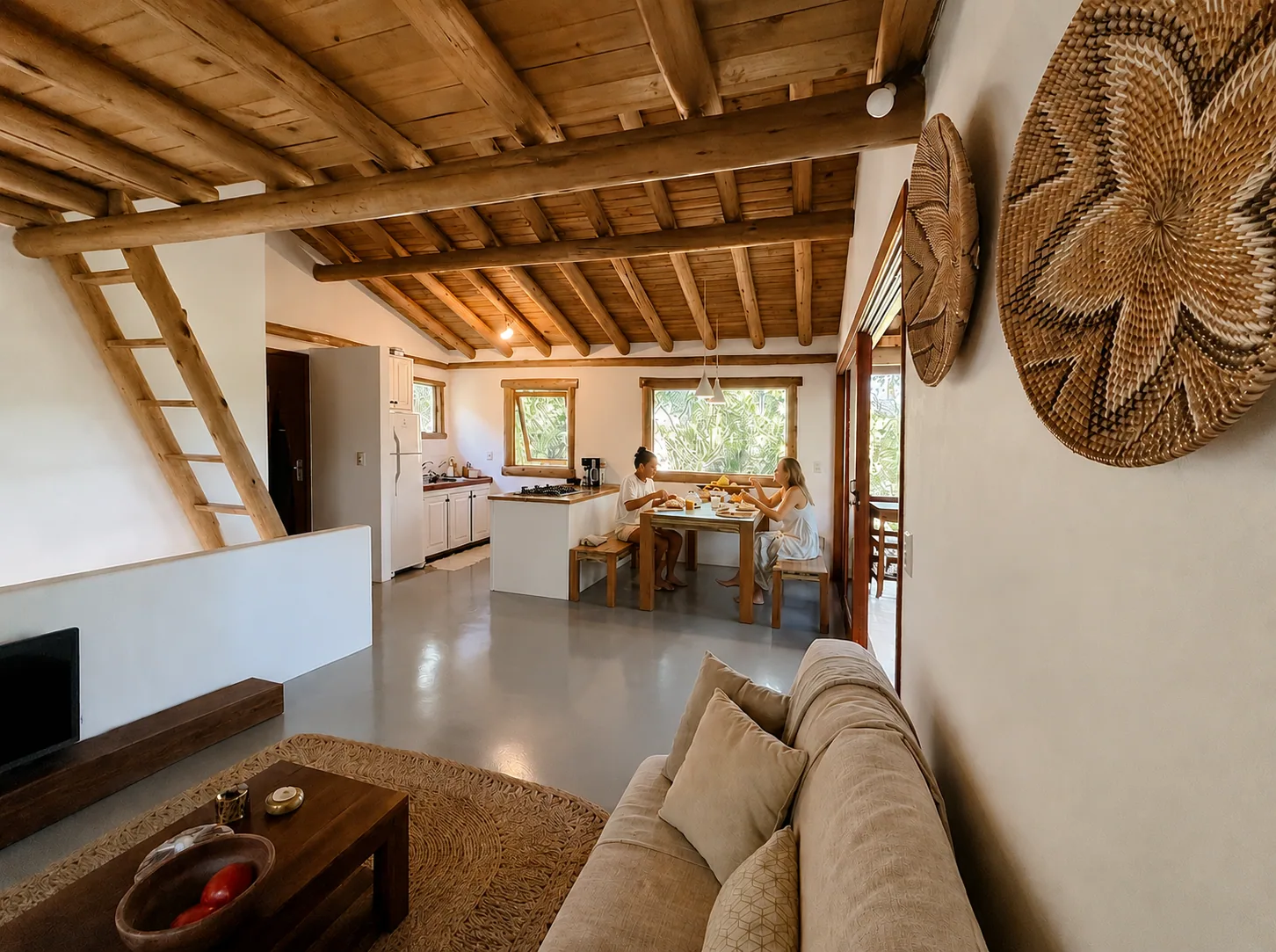 Sala da Casa de Cima na Casa da Árvore, Praia do Rosa, com sofá em primeiro plano, escada para mezanino e cozinha aberta com mesa de jantar ao fundo.